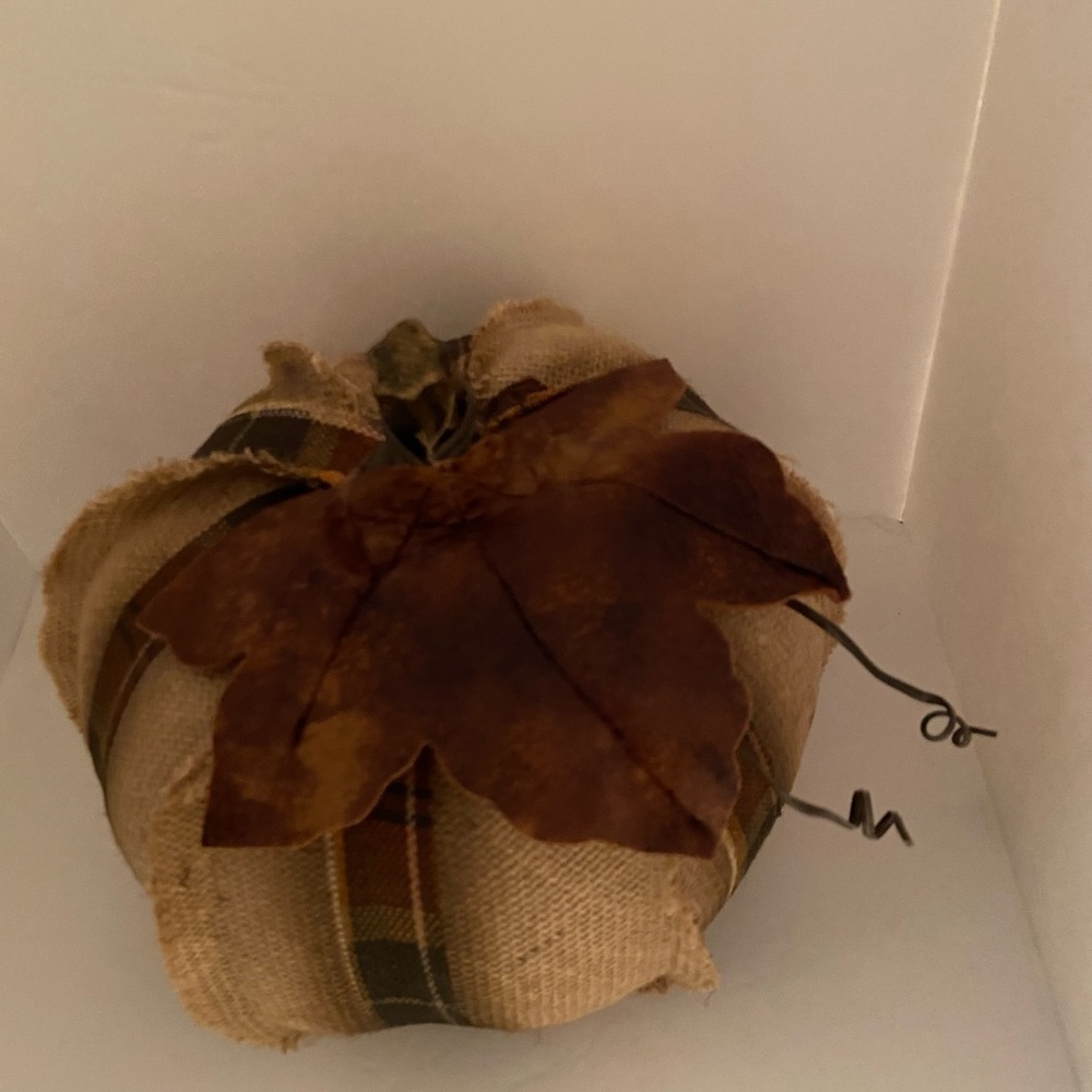 Large Burlap Fall Pumpkin 8” H x 9” W, 30” Around, Plaid Ribbon, Plastic Stem